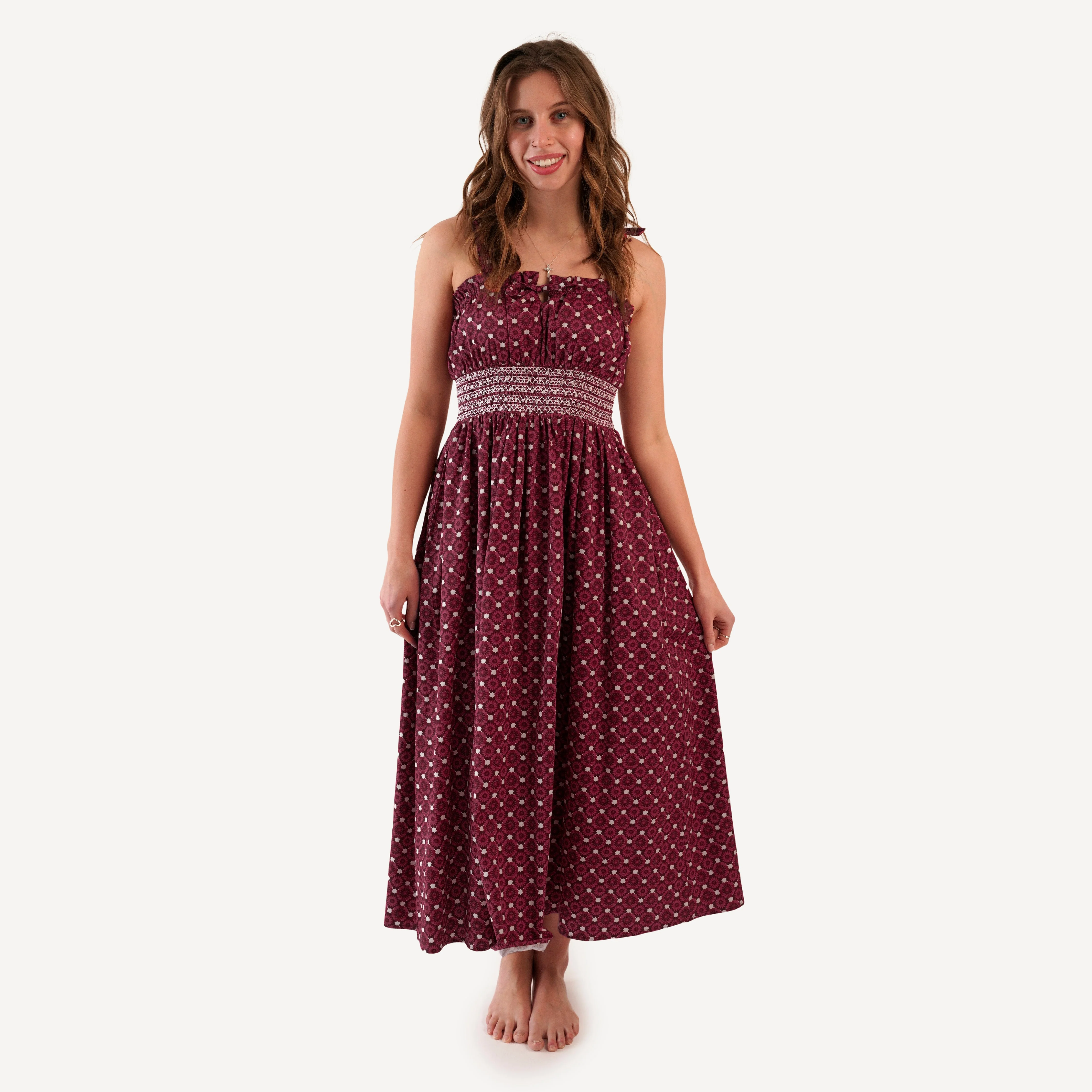 womens spaghetti tie winnie dress | red geo floral | organic cotton sateen woven