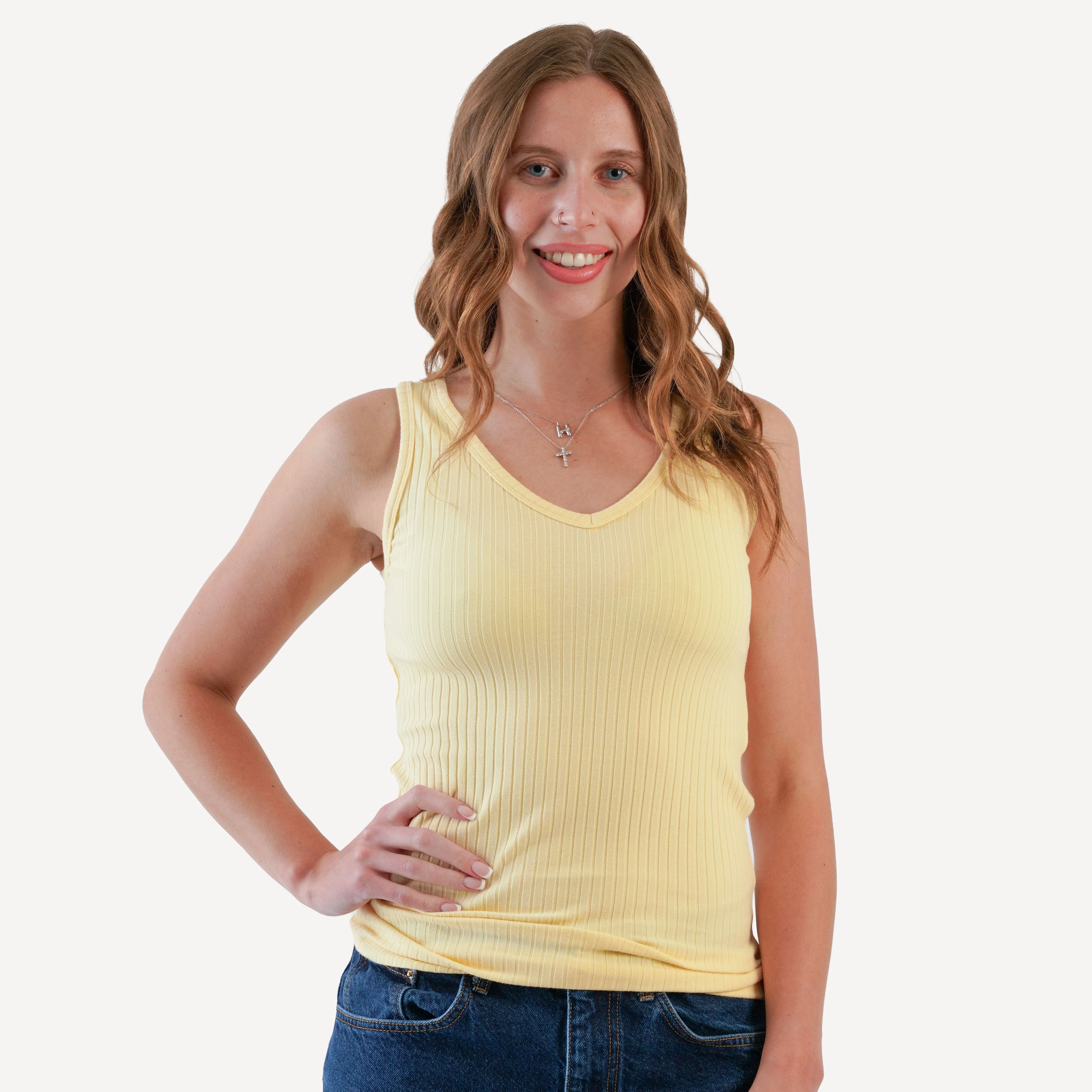 womens v neck layering tank | egg shell | organic cotton wide rib